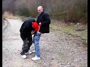 Bareback Fuck with Daddy and Younger Dude Outdoors